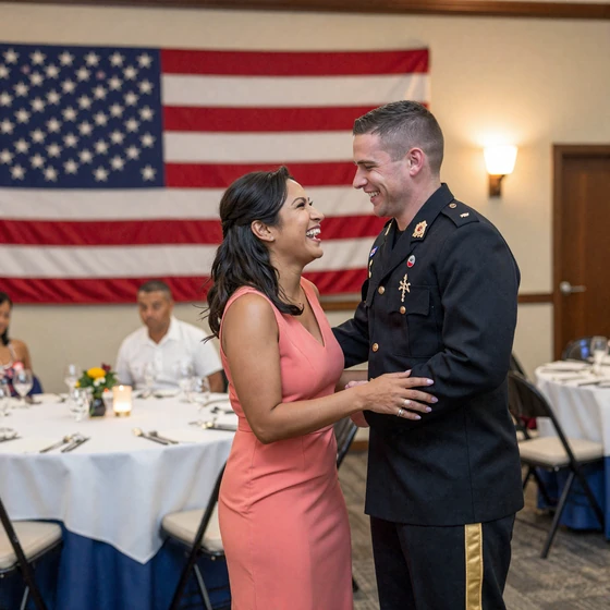 Camille and Lieutenant James, naval officer dating success story laughing at a Navy ball reception