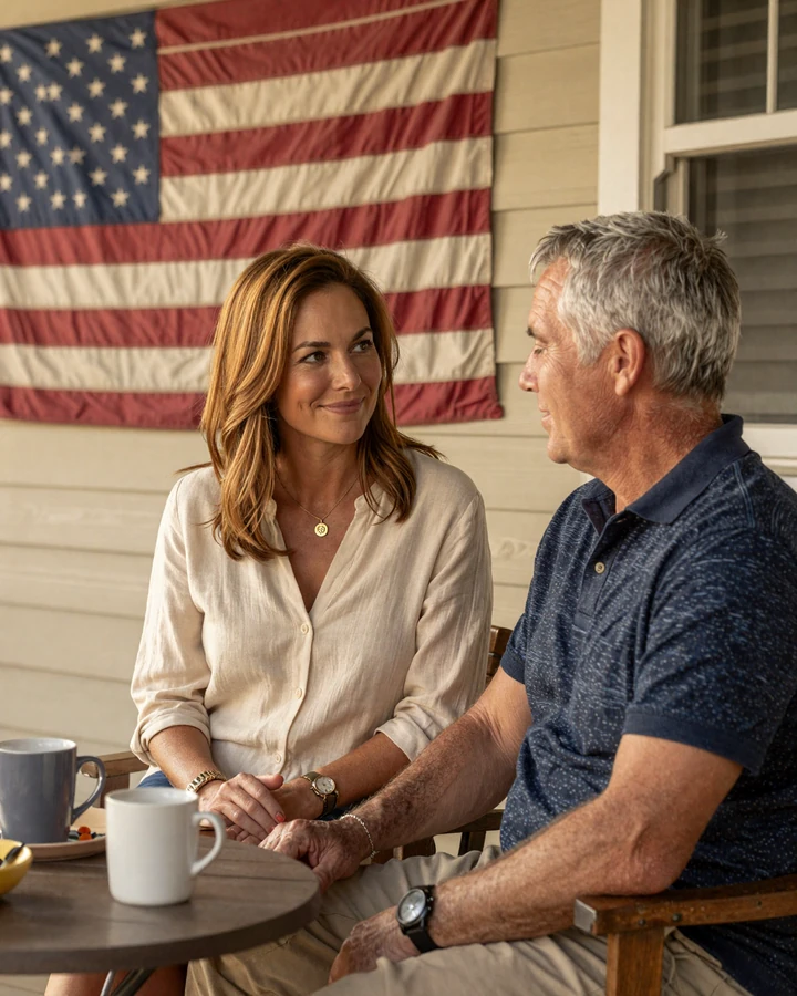Veteran dating site couple sharing morning coffee on a sunlit American porch