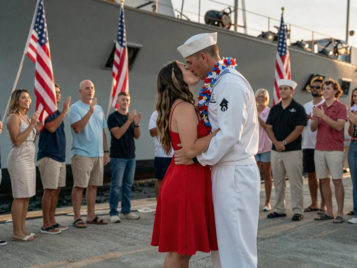 Navy sailor and his civilian girlfriend share the traditional first kiss on the pier at homecoming