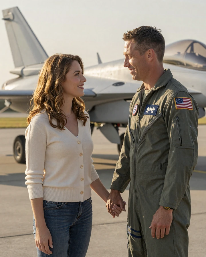 Military pilot dating site couple holding hands on a sunlit American airfield at golden hour
