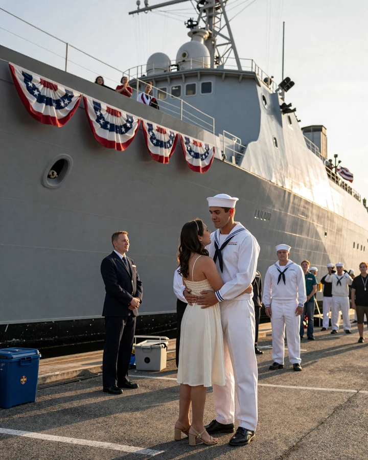 Navy dating site couple embracing at a homecoming ceremony on a Norfolk pier