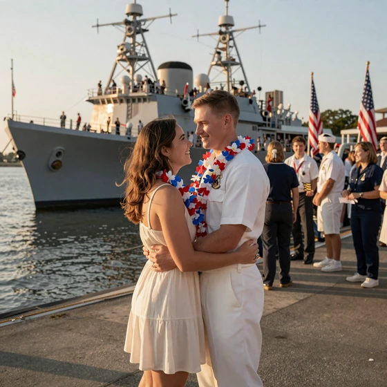 Rebecca and Petty Officer Tyler, navy dating site success story couple at Norfolk homecoming