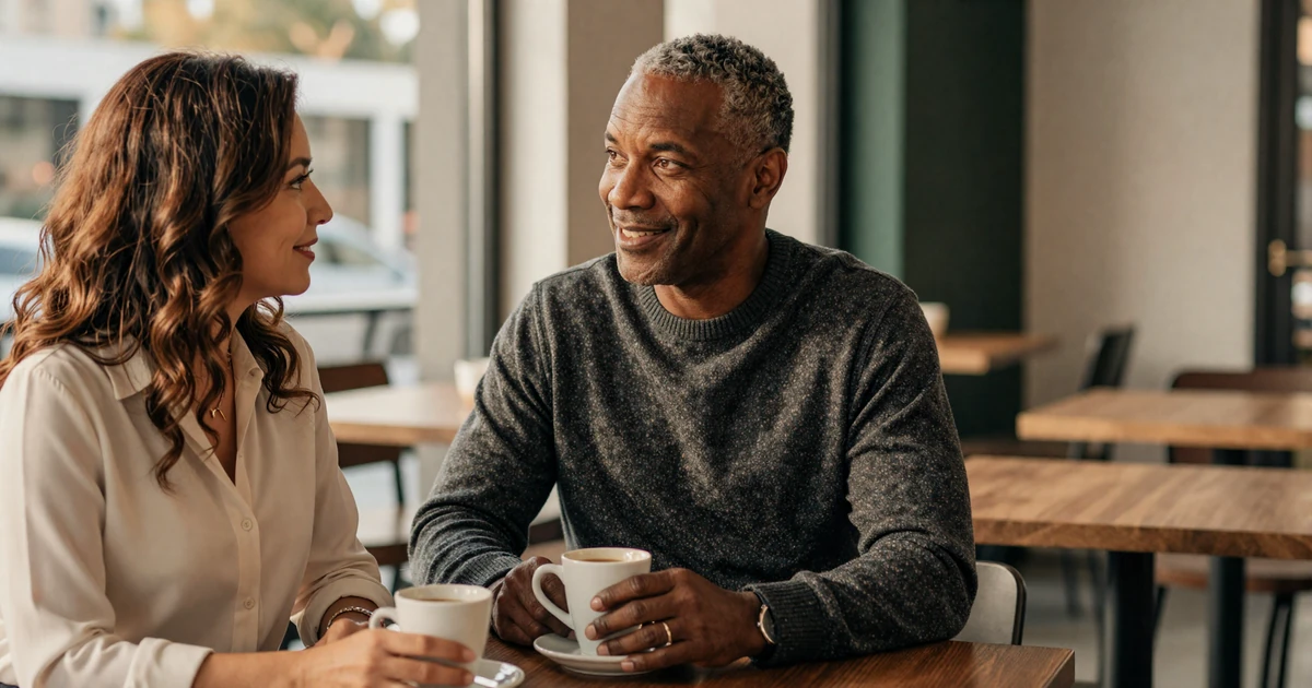 Woman and her retired veteran partner sharing coffee on a sunlit porch - dating after military retirement