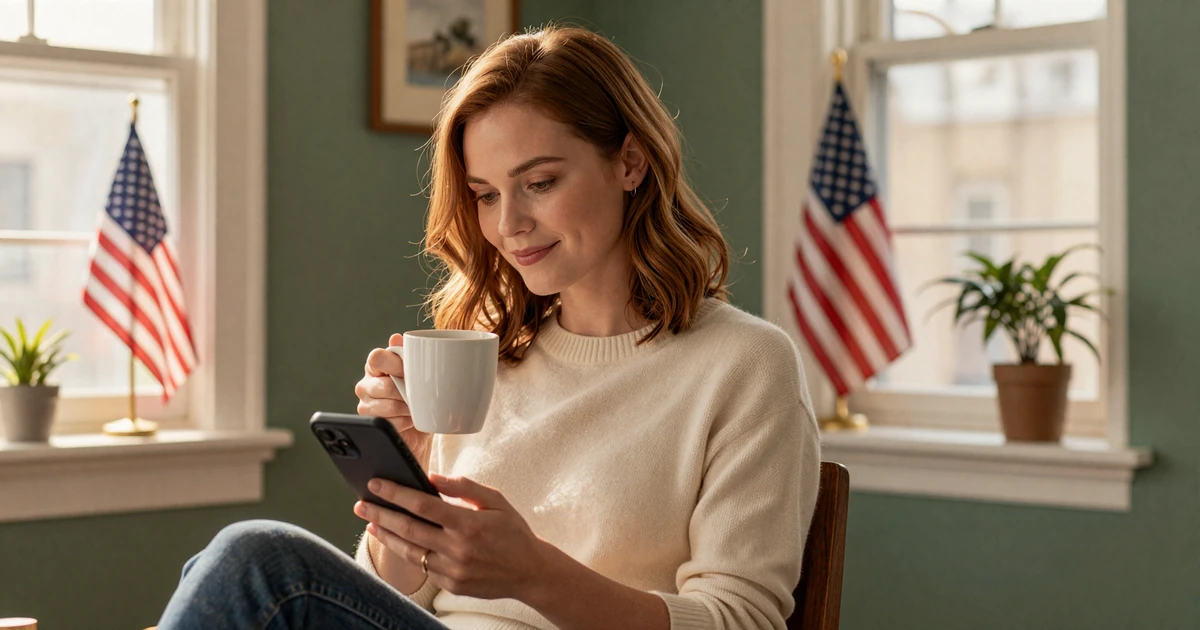 Woman browsing a military dating site on her phone at a cream linen table - why military online dating is growing