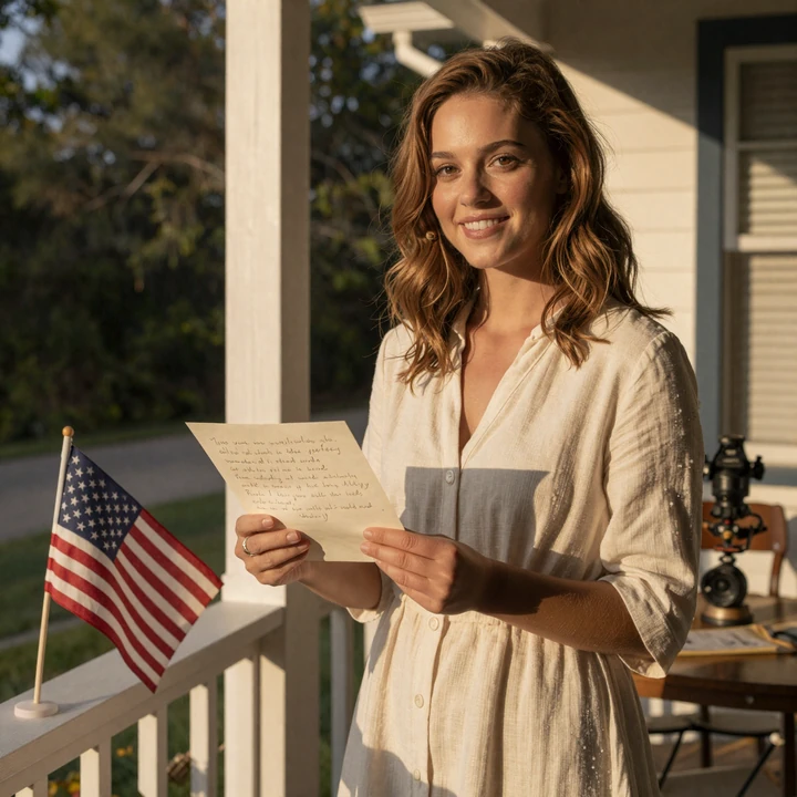 American woman reading a letter on a porch - the editorial sweetheart spirit of the Homefront Match patriotic dating site