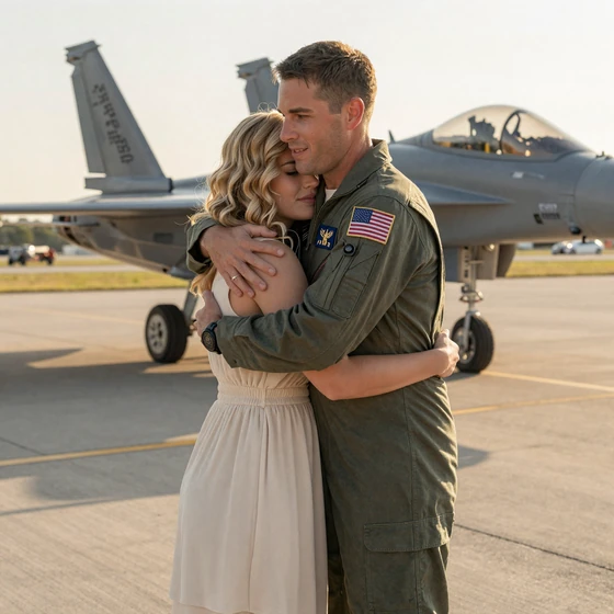 Emily and Captain Reid, military pilot dating site homecoming couple at Wright-Patterson Air Force Base